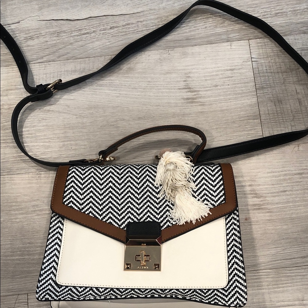 Aldo Black & White Chevron Crossbody Bag with Brown Trim